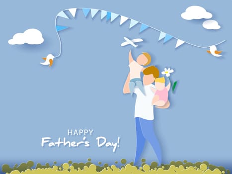 Handsome man with his children. Happy fathers day card. Paper cut style. Vector illustration