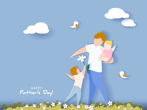 Handsome man with his children. Happy fathers day card. Paper cut style. Vector illustration