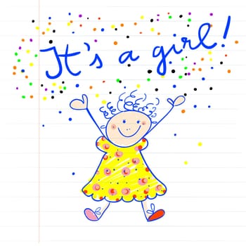 baby arrival childlike marker drawing of a little girl on a piece of paper. It's a girl