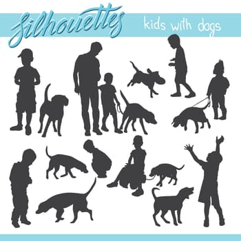 Vector silhouettes of kids and children. Kids and family with dog