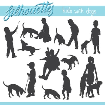 Vector silhouettes of kids and children. Kids and family with dog