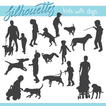 Vector silhouettes of kids and children. Kids and family with dog