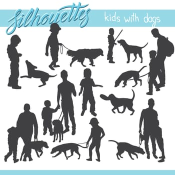 Vector silhouettes of kids and children. Kids and family with dog