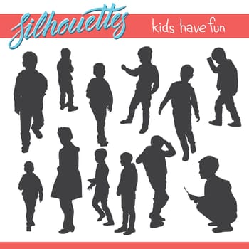 Vector silhouettes of kids and children. Kids have fun