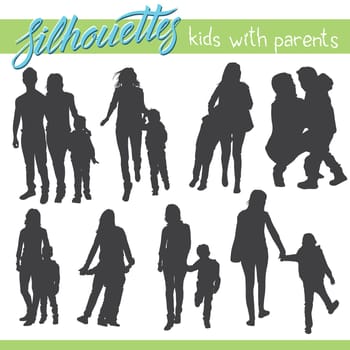 Vector silhouettes of kids and children. Kids with parents. Happy family
