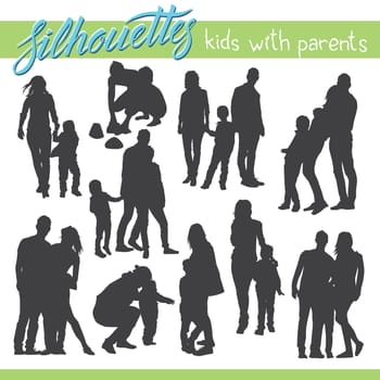 Vector silhouettes of kids and children. Kids with parents. Happy family