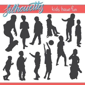 Vector silhouettes of kids and children. Kids have fun