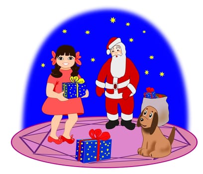 A little girl holding a    gift she has received from    Santa Claus while a small dog     are sitting and watching     her.