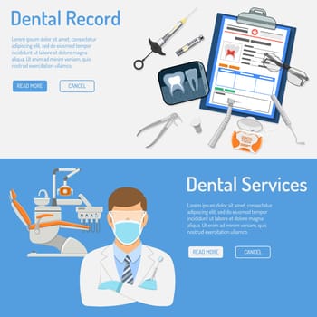 Dental Services horizontal banners with Dental Record. Icons in Flat Style Doctor, Dentist Chair, X-Ray and Braces. Vector illustration