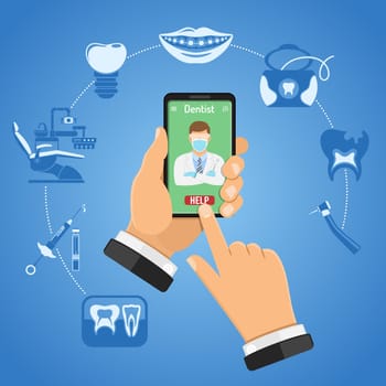 Online dentistry and dental services infographics with flat icons dentist chair, hands, smartphone, dentist, braces, cartridge syringe, x-ray and implant. Isolated vector illustration