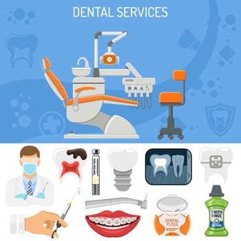 Dental Services banner and infographics with Oral Hygiene and Dental Clinic. Icons in Flat Style Doctor, Dentist Chair, Tooth and Braces. Isolated vector illustration