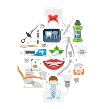 Dental Services Infographics with Oral Hygiene and Dental Clinic. Icons in Flat Style Doctor, Dentist Chair, Tooth and Braces. Isolated vector illustration