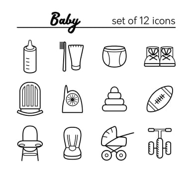 Baby icons. Vector set of 12 outline black icons
