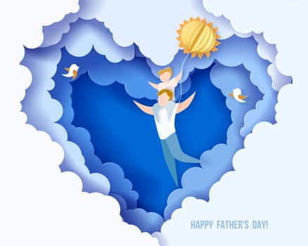 Handsome man with his son. Happy fathers day card. Paper cut style. Vector illustration