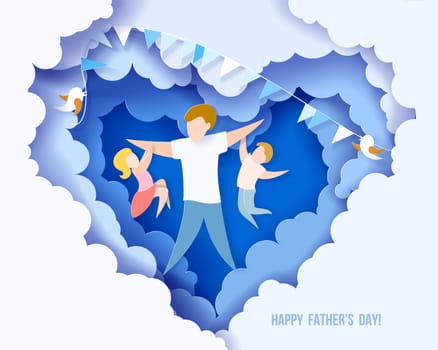 Handsome man with his children. Happy fathers day card. Paper cut style. Vector illustration