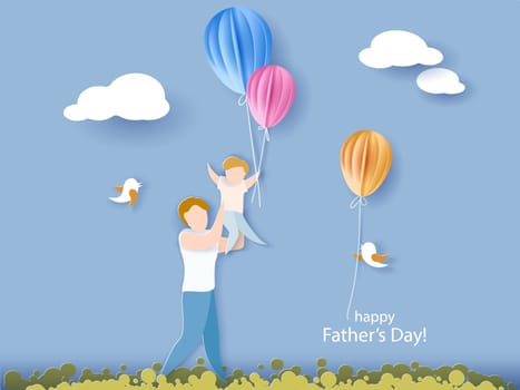 Handsome man with his son and color balloons. Happy fathers day card. Paper cut style. Vector illustration
