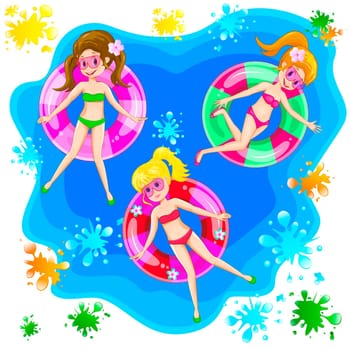Little girls are swimming with an inflatable circle.