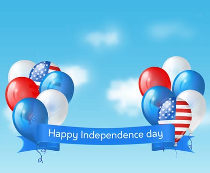 Independence day USA banner with balloons on background of blue sky. Vector greeting card for 4th July