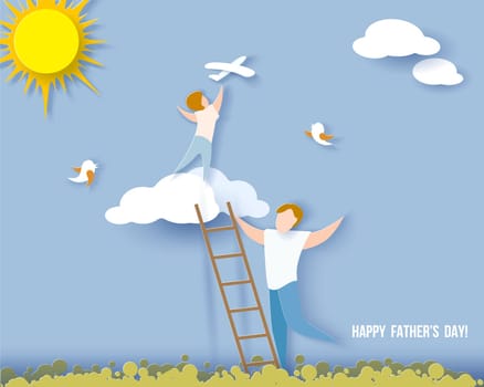 Handsome man with his son on cloud. Happy fathers day card. Paper cut style. Vector illustration