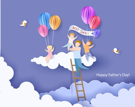 Handsome man with his children and color balloons on cloud. Happy fathers day card. Paper cut style. Vector illustration