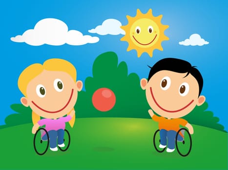Handicapped happy children in wheelchair playing with a ball in a sunny day.