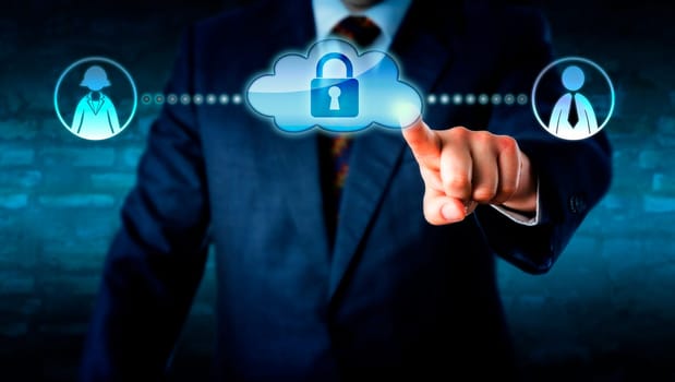 Upper body of a manager in business suit touching a locked cloud icon linked to a female and a male white collar worker on each side. Metaphor for smart computing and teamwork with gender theme.