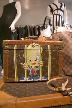 A painted luxury handbag by the designer "International Poni"" (buergerlich Tronje van Ellen),Gala VIP Fashion Night at Petra Teufel in the Hohen Bleichen,Hamburg,20.05.2015"