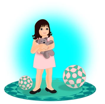 A little girl hugging a teddy     bear, and two balls.