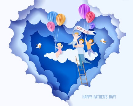 Handsome man with his children and color balloons on cloud. Happy fathers day card. Paper cut style. Vector illustration