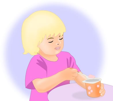 A little blond girl eating a     yogurt.