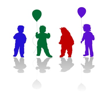 silhouettes of  little children in different colors over white