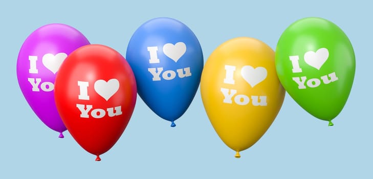 Colorful Balloons with I Love You Text and Heart Shape Isolated on Flat Blue Background 3D Illustration