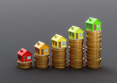 Raising Heaps of Coins with House on Top, Energetic Class Concept 3D Illustration with Copy Space on Black Background
