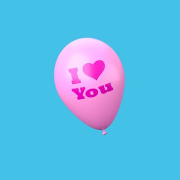 One Single Pink Balloon with I Love You Text and Heart Shape Isolated on Flat Blue Background 3D Illustration