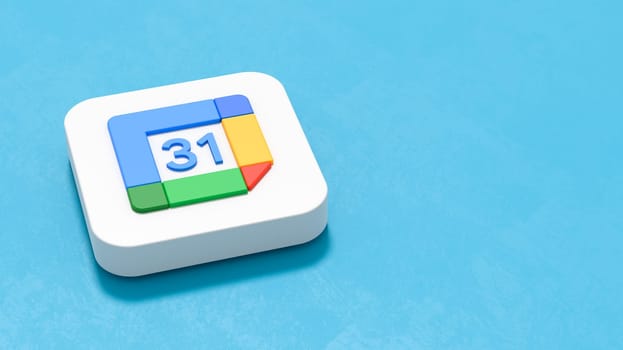 Google Calendar Icon 3D Symbol Shape on Plastered Blue Background with Copy Space 3D Illustration