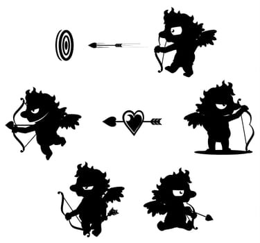 Valentine cartoon cupid baby character black silhouettes, vector illustration, horizontal, isolated, over white