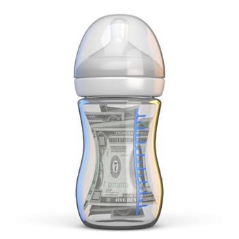 Baby bottle full of dollar bills 3D rendering illustration isolated on white background