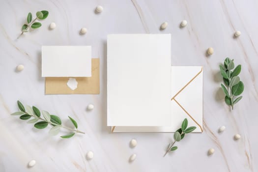 Cards and envelope on a marble table near eucalyptus branches and pebbles top view, Mockup. Romantic flat lay with wedding stationery set. Minimal composition. Close to nature
