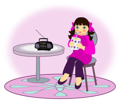 A little girl who sits and drinks     from a cup while she is listening     the radio.