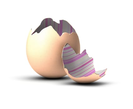 one open egg with decorative tapestry, color blue and pink, white background