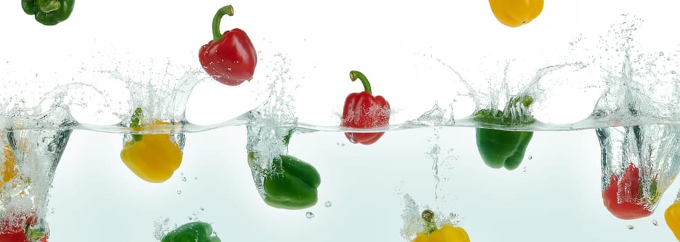 Many multi colored peppers splashing in water. Side panoramic view on white background.