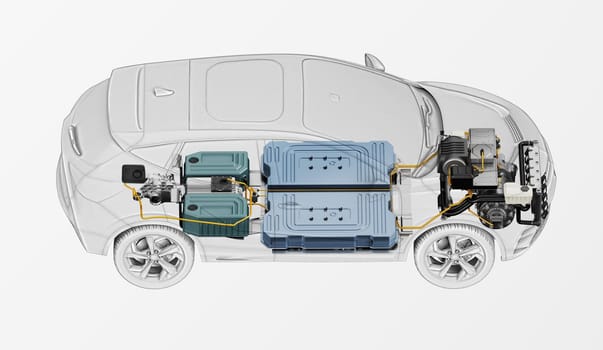 Electric generic car technical cutaway 3d rendering with all main details of EV system in ghost effect with drawing. Side bird eye view on white background.