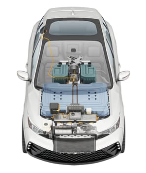 Electric generic car technical cutaway 3d rendering with all main details of EV system in ghost effect. Front bird eye view on white background: