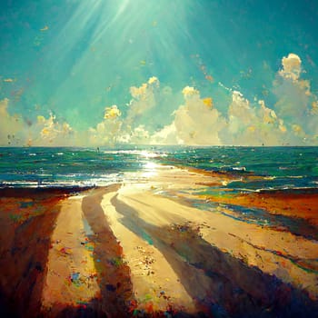 Seascape oil painting. Warm sea and beautiful seashore