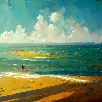 Seascape oil painting. Warm sea and beautiful seashore