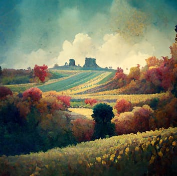Watercolor image of a romantic autumn landscape