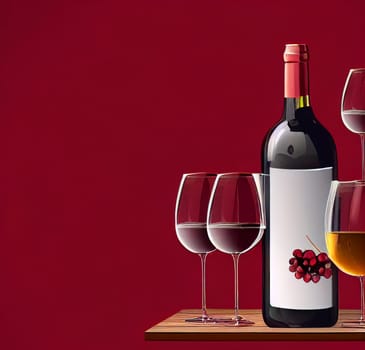 Illustration with a bottle of red wine and several glasses of different wines