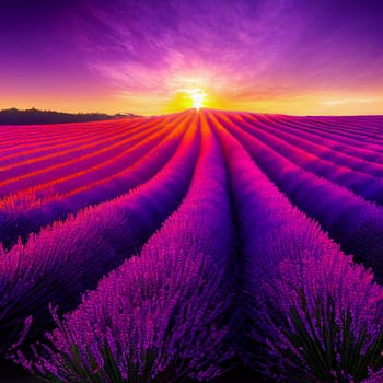 Illustration of a beautiful lavender field at late sunset