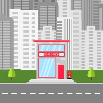 Post Office Icon with Red Mail Box on Modern Building Background.