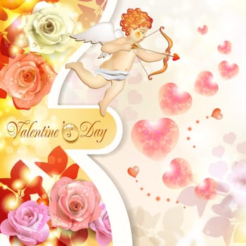 Valentine's day card with roses, hearts and cupid
